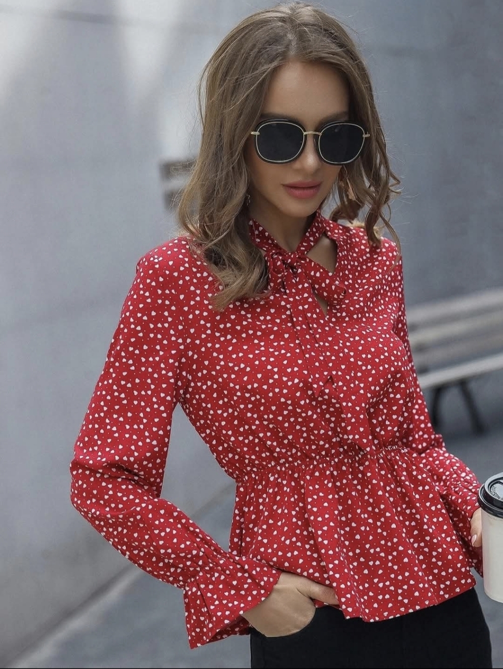 SHEIN Red Heart Print Tie Neck Blouse Peplum Long Sleeve Top